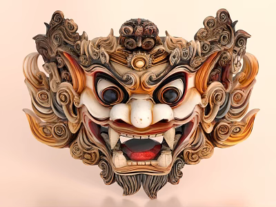 Traditional Hand Carved Wooden Mask Decorative Ornament Set With Intricate Patterns 3d model