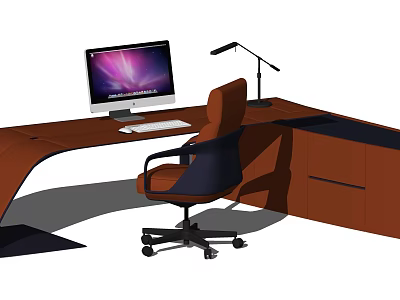 Modern Brown Office Desk With Computer Monitor Keyboard Mouse Desk Lamp And Ergonomic Chair 3d model