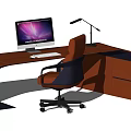 Modern Brown Office Desk With Computer Monitor Keyboard Mouse Desk Lamp And Ergonomic Chair