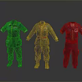 Three Sets of Blue Military Uniforms with Gold Buttons Red Belts and Badges