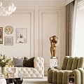 Luxurious Living Room Interior With Tufted Sofa Green Accent Chair Spherical Chandelier And Wall Art