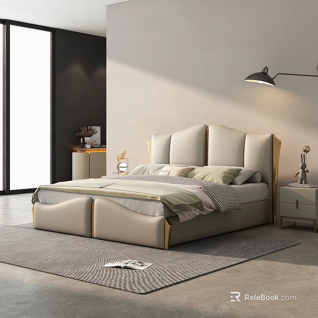 Modern Double Bed Design With Upholstered Headboard Gold Accents Nightstands And Wall Lamp In Minimalist Bedroom 3d model 