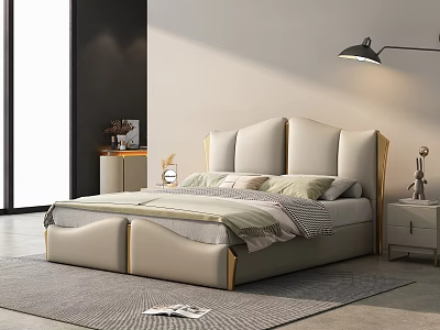 Modern Double Bed Design With Upholstered Headboard Gold Accents Nightstands And Wall Lamp In Minimalist Bedroom 3d model