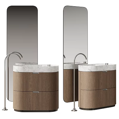 Modern Bathroom Double Vanity With Wooden Cabinet Marble Countertop Mirrors And Faucets 3d model