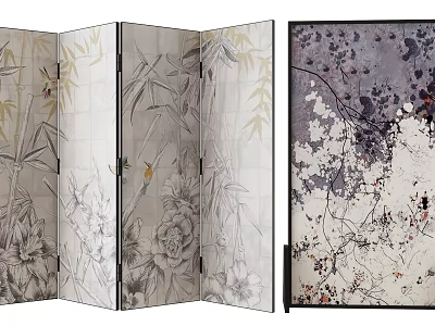 Elegant Oriental Decorative Room Divider Screens With Bamboo Floral Cherry Blossom Patterns 3d model