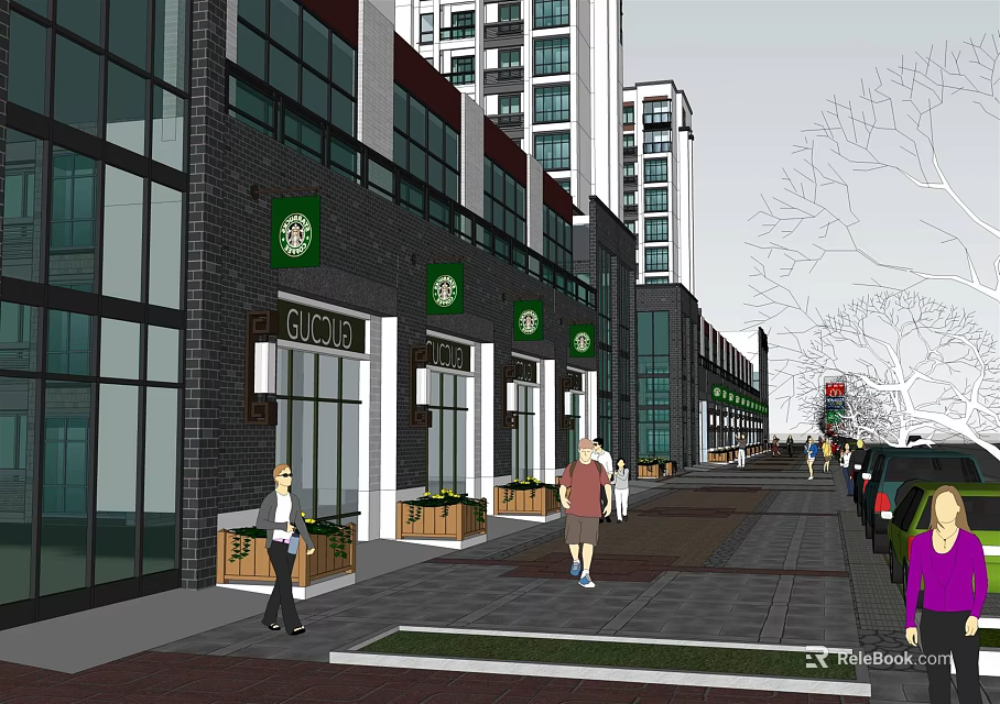 Modern Commercial Street With Branded Shops Pedestrians Green Plants And High Rise Buildings 3d model 