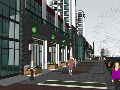 Modern Commercial Street With Branded Shops Pedestrians Green Plants And High Rise Buildings 3d model