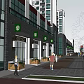 Modern Commercial Street With Branded Shops Pedestrians Green Plants And High Rise Buildings