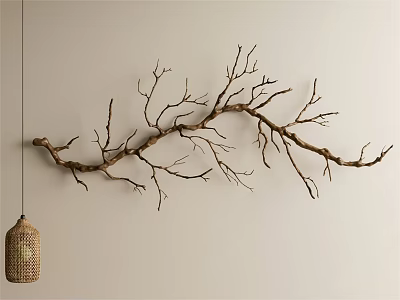 Natural Wood Branch Shaped Wall Hanging Decor With Woven Lantern Pendant 3d model