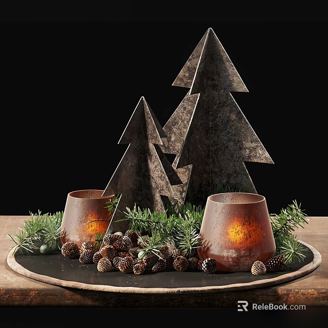 Rustic Christmas Decorative Set With Metal Trees Pine Cones And Candle Holders 3d model