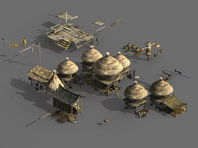 Ancient Architecture With Thatched Roofs Wooden Platforms Traditional Layout And Surrounding Structures 3d model