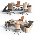 Modern Office Desk Setup With Three Chairs Laptop Coffee Cup And Decorative Vase