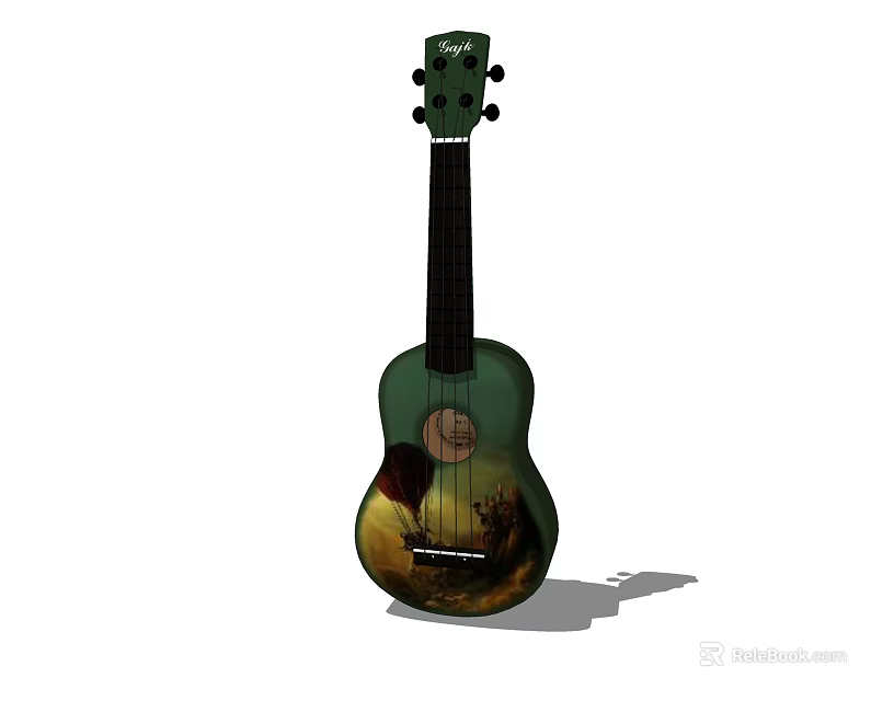 Instruments And Art Supplies Featuring Ukulele With Colorful Painted Design On Body 3d model 