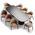 Modern Dining Table Set With Oval Top And Eight Upholstered Brown Beige Chairs