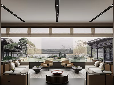 Modern Sales Office Interior With Sofa Coffee Table And Scenic View Through Large Windows 3d model