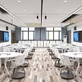 School Modern Classroom With White Desks Chairs Multiple Electronic Screens Wooden Floors Ceiling Lights Cameras