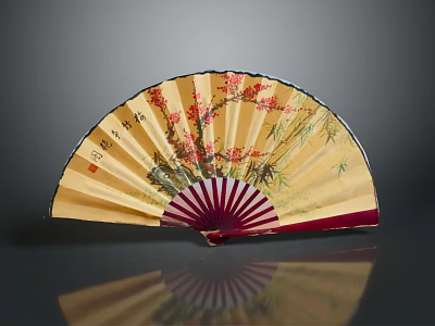 Traditional Chinese Fan with Yellow Surface Red Ribs Plum Blossom Bamboo and Calligraphy 3d model