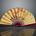 Traditional Chinese Fan with Yellow Surface Red Ribs Plum Blossom Bamboo and Calligraphy