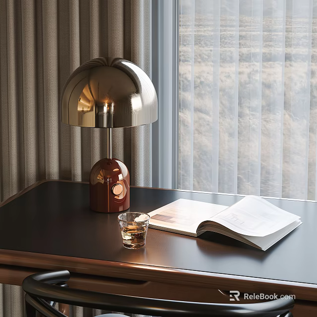 Modern Table Lamp on Home Desk with Open Book Glass Cup and Soft Curtains 3d model 