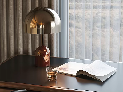Modern Table Lamp on Home Desk with Open Book Glass Cup and Soft Curtains 3d model