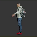 Casual Men's Outfit With Beige Hoodie Blue Jeans Red Sneakers And Camouflage Backpack