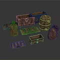 Rustic Wooden Household Items Featuring Crates Barrels Sacks And Storage Containers 3d model
