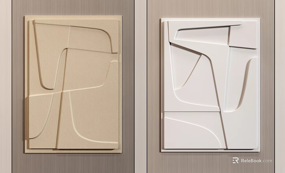 Textured Abstract Geometric Wall Decor in Beige and White on Wooden Wall 3d model 
