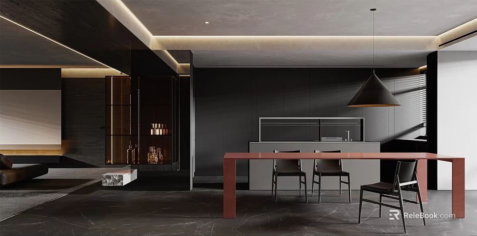 Modern Restaurant Interior Design With Black Walls Red Long Table Chairs And Pendant Light 3d model 