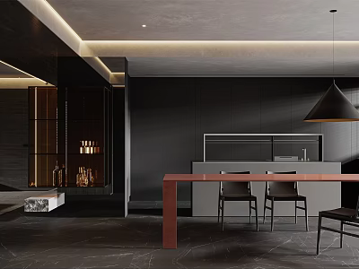 Modern Restaurant Interior Design With Black Walls Red Long Table Chairs And Pendant Light 3d model