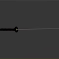 Shiny Samurai Sword Featuring Black Blade And Red Decorated Handle On Gray Background