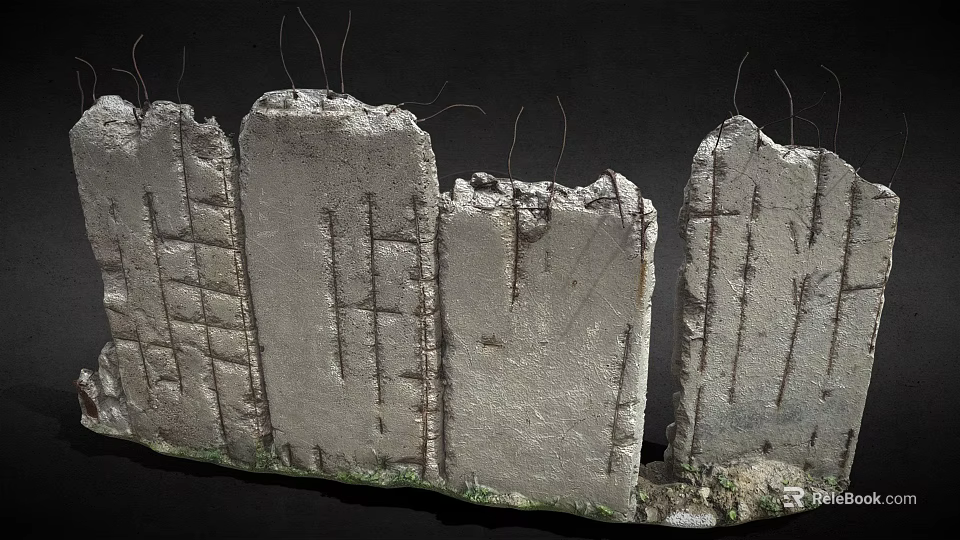 Broken Stone Wall Structure With Cracks Fence Like Lines And Green Plants At Base 3d model 