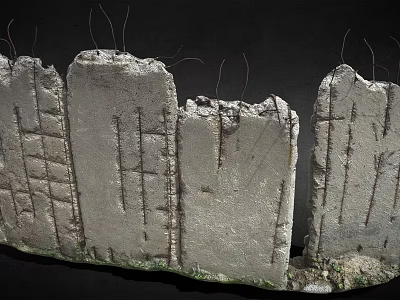 Broken Stone Wall Structure With Cracks Fence Like Lines And Green Plants At Base 3d model