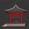 Traditional Chinese Pavilion With Red Pillars Black Tiled Roof And Stone Benches