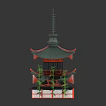 Traditional Asian Pagoda With Multi Tiered Green Roof And Red Railings Near Bamboo Plants