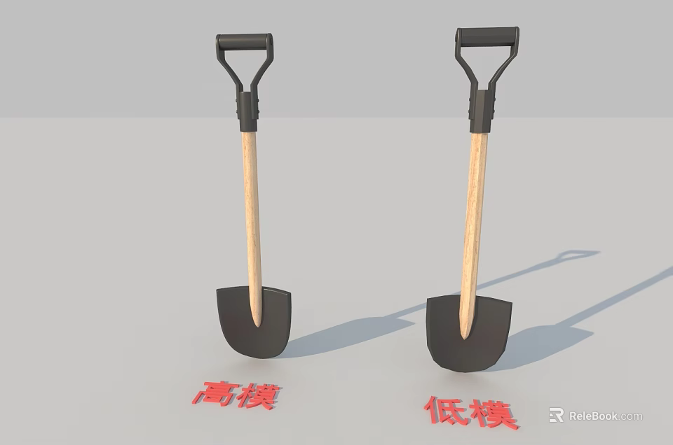 High Poly and Low Poly Shovels With Black Heads Wooden Handles And Grips 3d model 