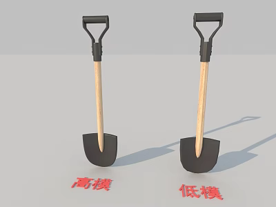 High Poly and Low Poly Shovels With Black Heads Wooden Handles And Grips 3d model