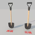 High Poly and Low Poly Shovels With Black Heads Wooden Handles And Grips