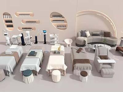 Elegant Modern Beauty Salon Interior With Treatment Beds Professional Equipment Sofa Seating And Product Shelves 3d model