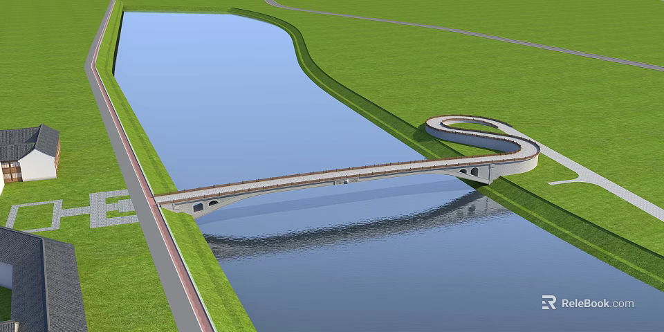 Curved Modern Bridge Over River With Green Grass And Water Reflection 3d model 