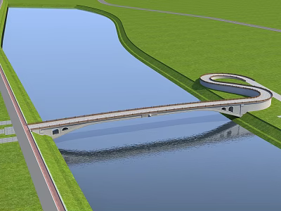 Curved Modern Bridge Over River With Green Grass And Water Reflection 3d model