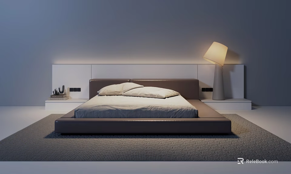Modern Double Bed With White Dark Headboard On Gray Rug Near Nightstand And Table Lamp 3d model 
