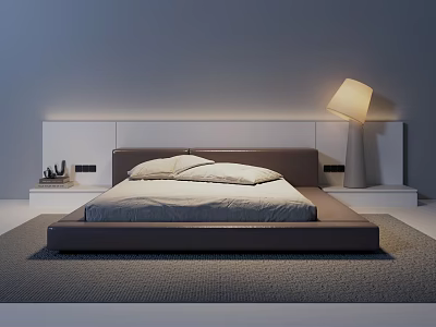 Modern Double Bed With White Dark Headboard On Gray Rug Near Nightstand And Table Lamp 3d model