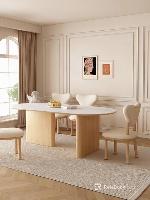 Modern Elegant Dining Table Set With Wooden Legs Upholstered Chairs And Wall Art Near Window Curtains 3d model 