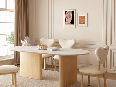 Modern Elegant Dining Table Set With Wooden Legs Upholstered Chairs And Wall Art Near Window Curtains 3d model