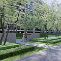 Serene Garden Landscape with Trees Lawn Wooden Deck and Outdoor Seating near High Rise Apartments