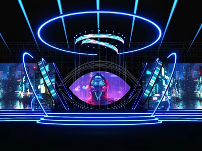 Futuristic Cyberpunk Stage Setup With Neon Lights And City Backdrop 3d model