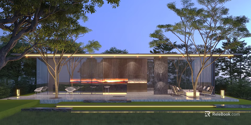 Modern Outdoor Pergola Design With Trees Lighting Water Feature Wall And Seating 3d model 