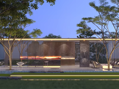 Modern Outdoor Pergola Design With Trees Lighting Water Feature Wall And Seating 3d model