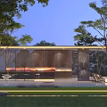 Modern Outdoor Pergola Design With Trees Lighting Water Feature Wall And Seating