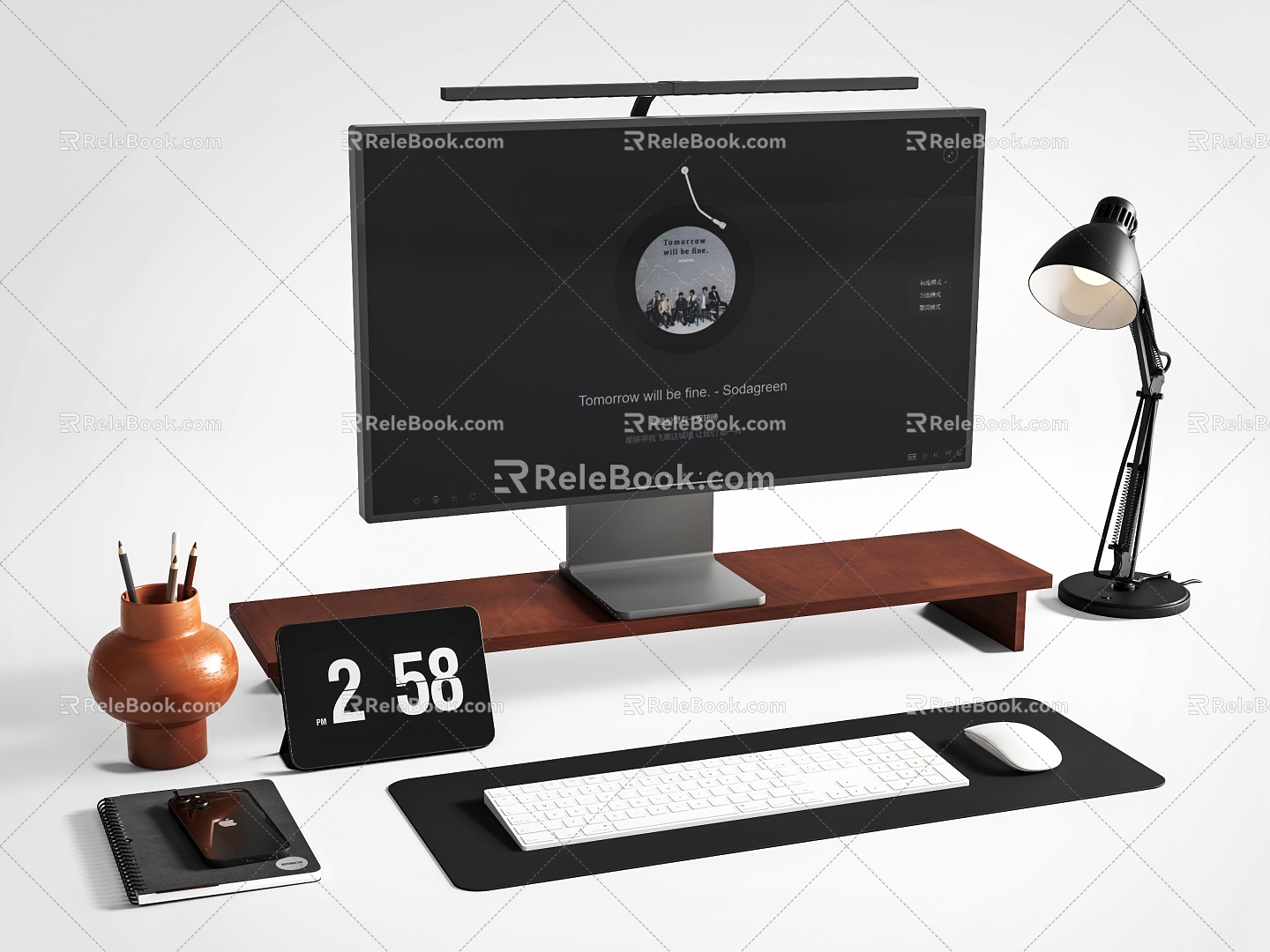 computer desktop computer monitor desk lamp 3d model